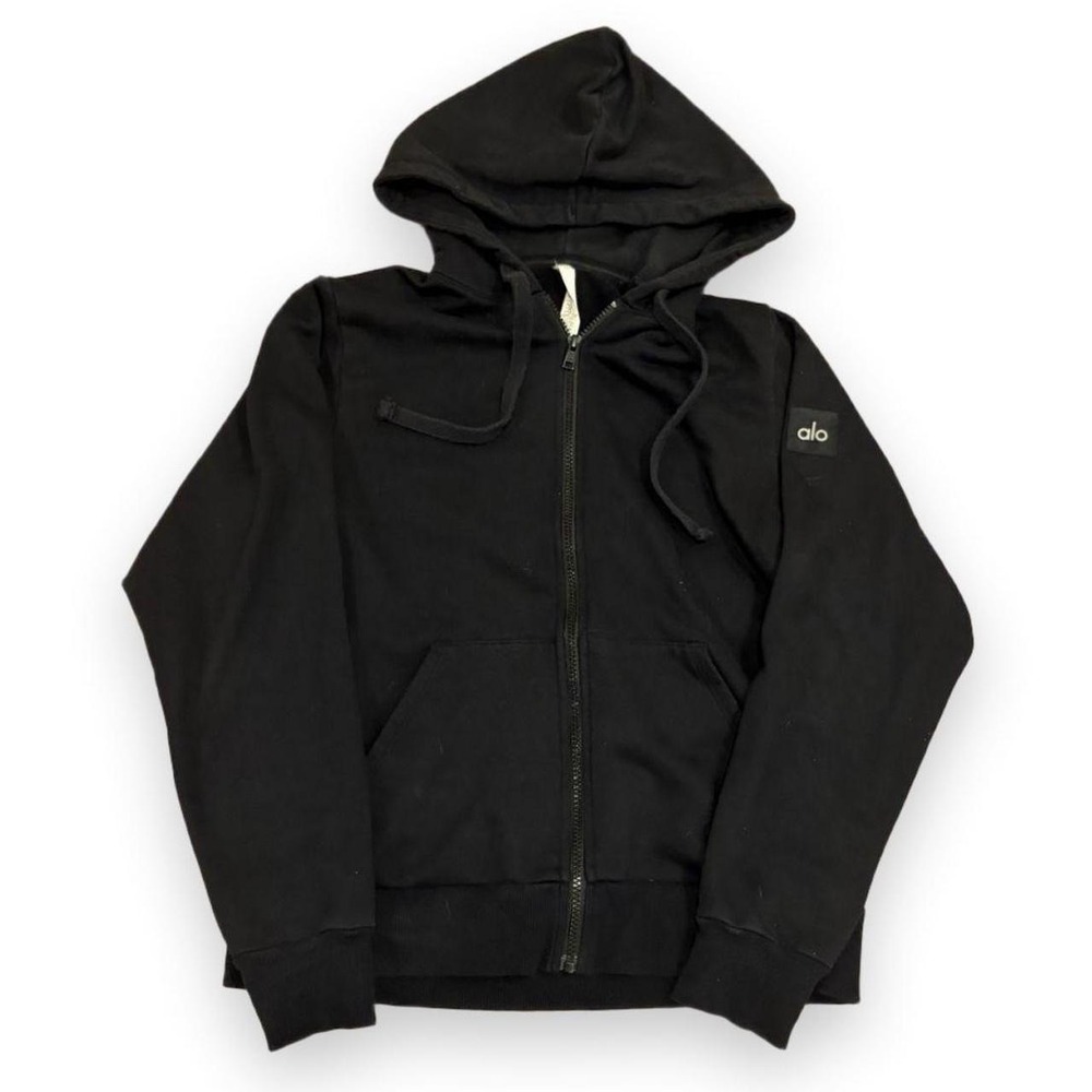 Alo Yoga Womens Black Full Zip Hoodie Sweatshirt Logo Patch XS